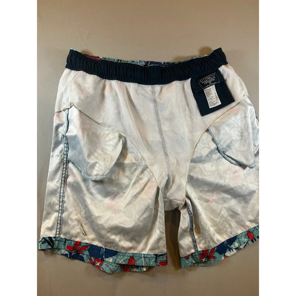 Nautica Mens Tropical Hibiscus Floral Swim Trunks Teal Blue Medium Board Shorts